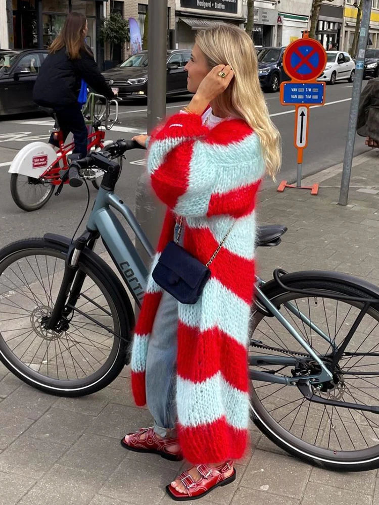 Fashion Stripe Long Cardigan Sweater Women Lantern Long Sleeve Loose Oversize Knitted Coat Autumn Lady Chic Streetwear Overcoat